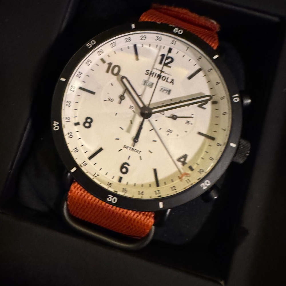 Shinola Chronograph Black Case Watch with White Dial and Orange Strap